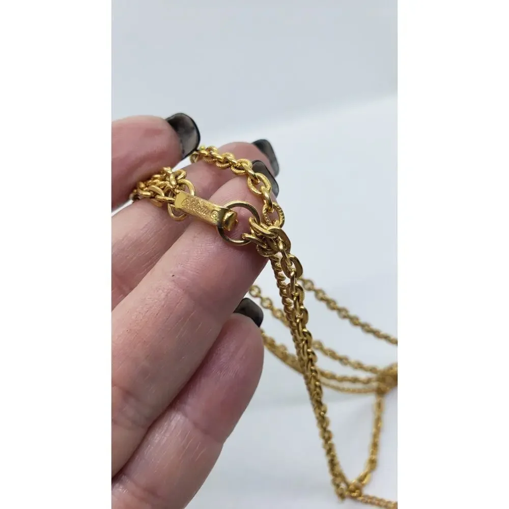 Vtg Pearl Pendant Necklace Tassel Triple Chain Gold Plated 70s Celebrity